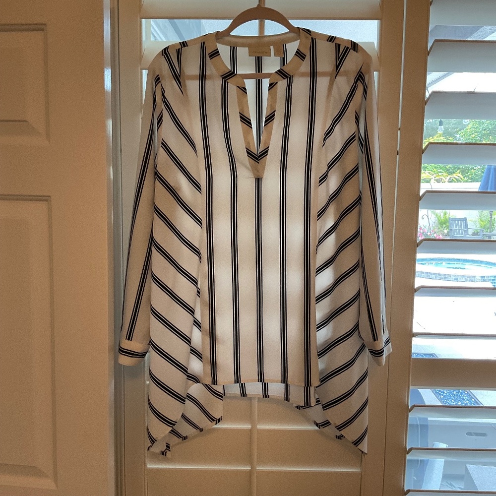 Chico’s black and cream striped blouse. Size 2(12-14)